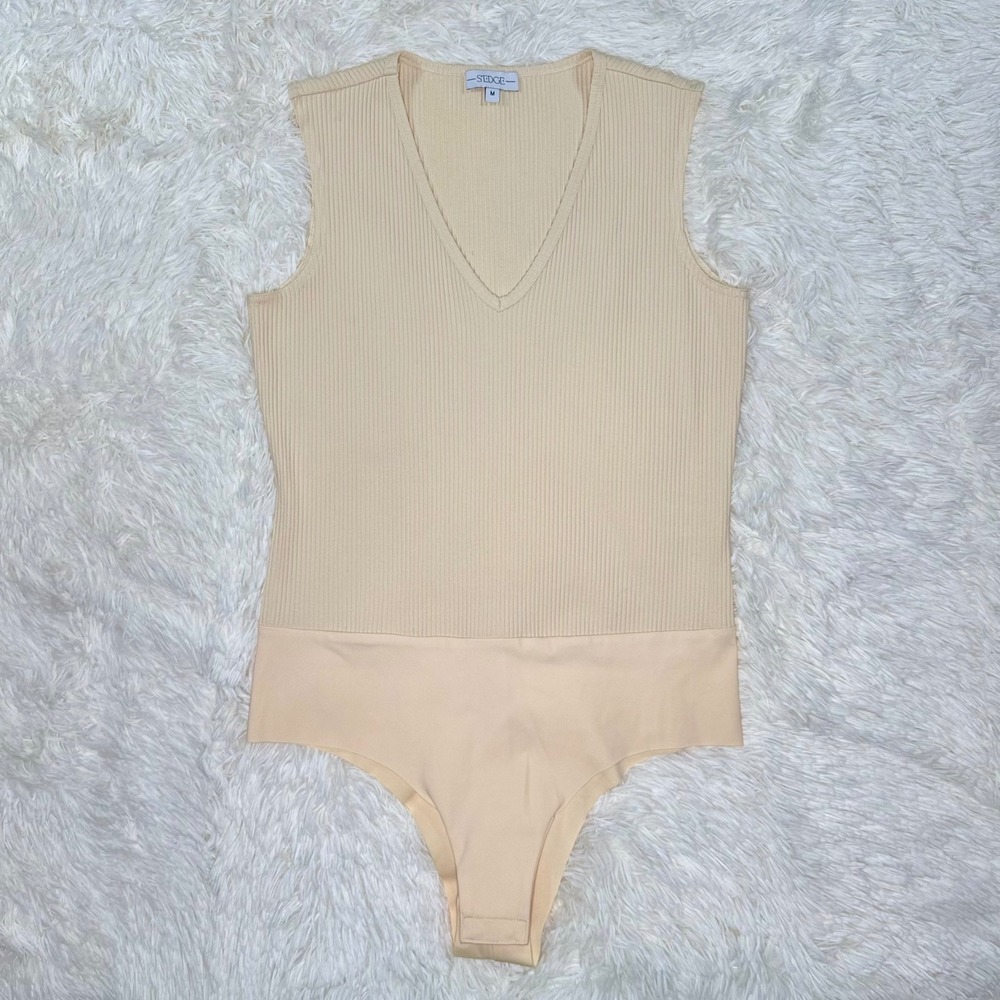 S'edge Cream‎ Ribbed V Neck Sleeveless Bodysuit Women's Size M
